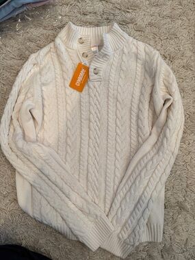 Gymboree Men's Cream Cable-Knit Button Mock Neck Sweater